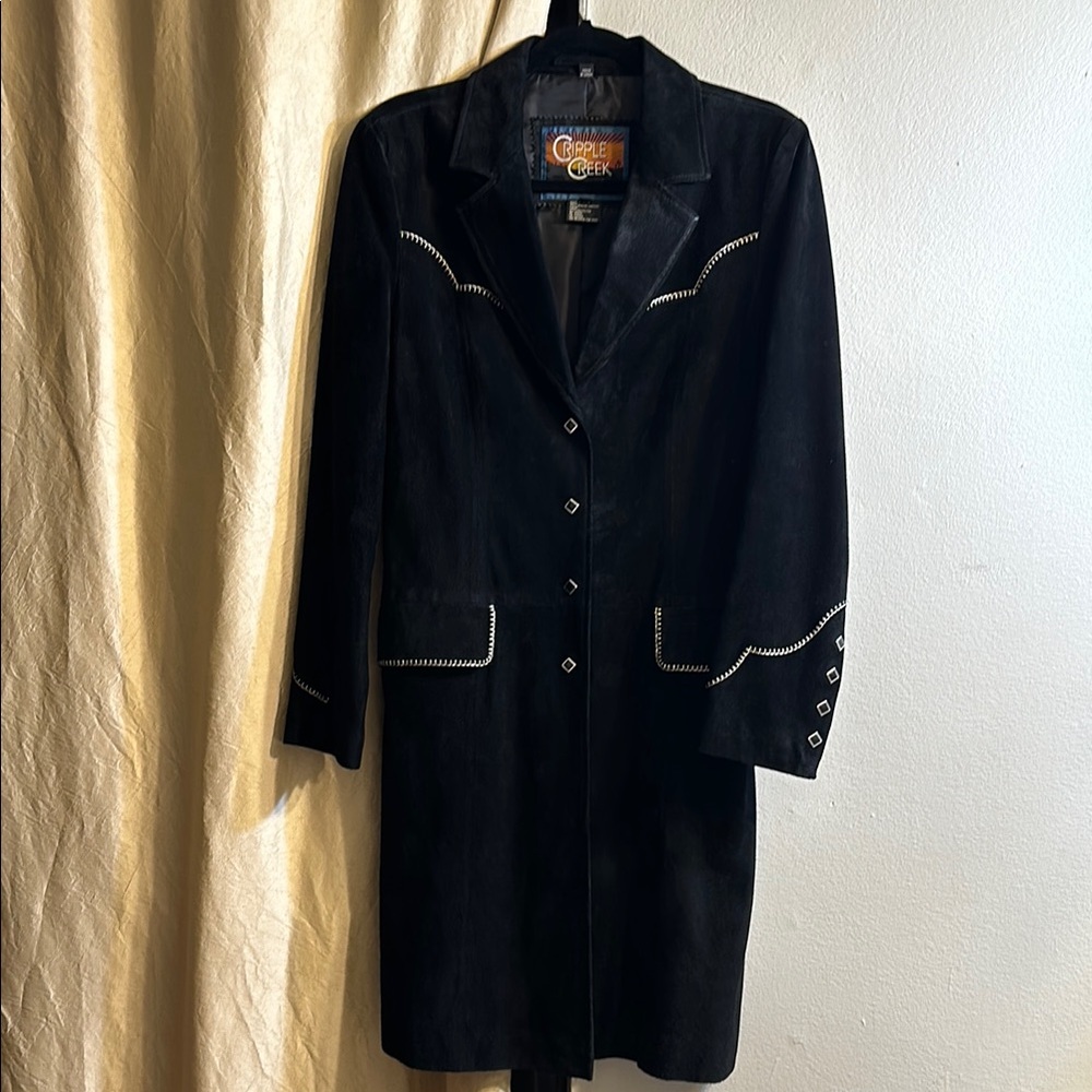 Black Leather Jacket with Long Design and Tailored Lapels